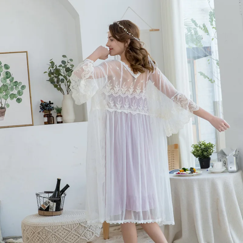 Пикантные женские банные халаты из 2 предметов, кружевная ночная рубашка принцессы для невесты, сексуальная ночная рубашка, винтажный белый фиолетовый женский свадебный пеньюар, ночнушка