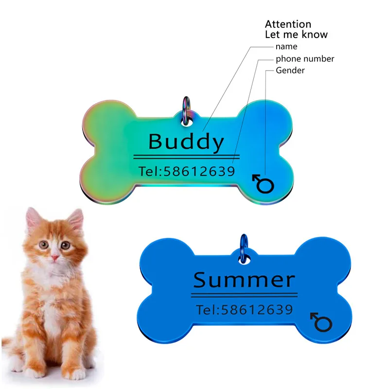 

Colorful Engraved Cat Dog Pet ID Tag Dog Anti-lost Collar Charm Pet Name Bone Necklace Collar Puppy Cat Collar Accessory