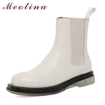 

Meotina Ankle Boots Women Shoes Genuine Leather Platform Mid Heel Chelsea Boots Slip On Block Heels Short Boots Black Beige 43