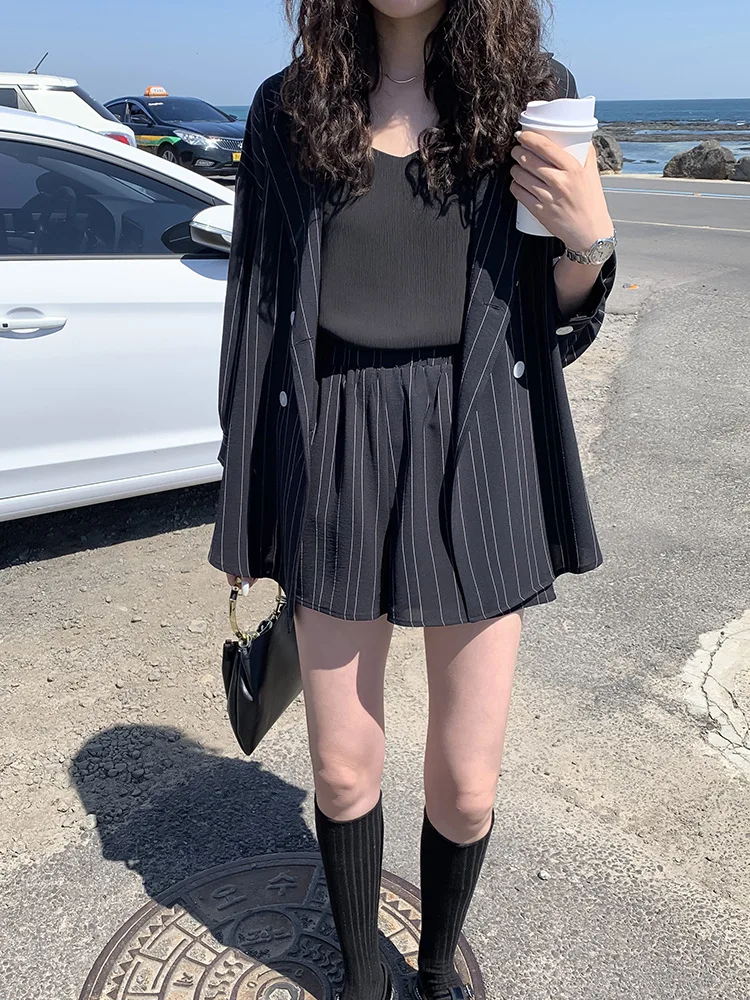 

Casual Stripes Suit Jacket Women's Summer Thin 2019 New Style Korean-style Loose-Fit Suit Shorts Set