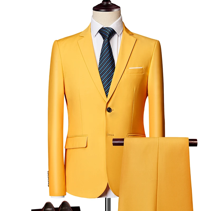 yellow 2 pieces Однотонные мужские формальные костюмы Модный деловой Повседневный Банкетный мужской костюм пиджак+ жилет+ брюки размер 6XL 2/3 шт костюмы для свадьбы - Цвет: yellow 2 pieces