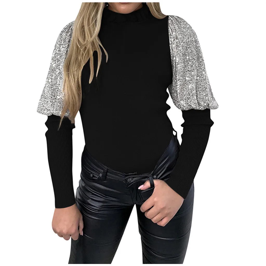 Одежда для женщин, ropa mujer, модная женская однотонная водолазка с пышными рукавами, с блестками, в стиле пэчворк, тонкая Повседневная Верхняя одежда для женщин