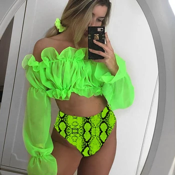 

2020 New Sexy Chiffon Long Sleeves Bikini Swimwear Women High Waist Swimsuit Snakeskin Print Bikini Set Bathing Suits Beach Wear