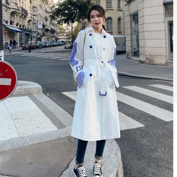 

Korea 2020 New Korean Girl's Clothes Single Breasted Striped Full Sleeve Turn-down Collar Waist Belts Middle Length Loose L998