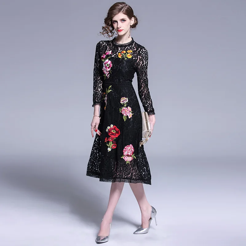 

6181-New Style WOMEN'S Dress Hollow out Soluble Flower Industrial Embroidery Stereo Sheath Slim Fit Lace Dress