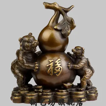 

mei 6" China Bronze Feng Shui Lucky Two Tiger Gourd Blessing Auspicious Statue