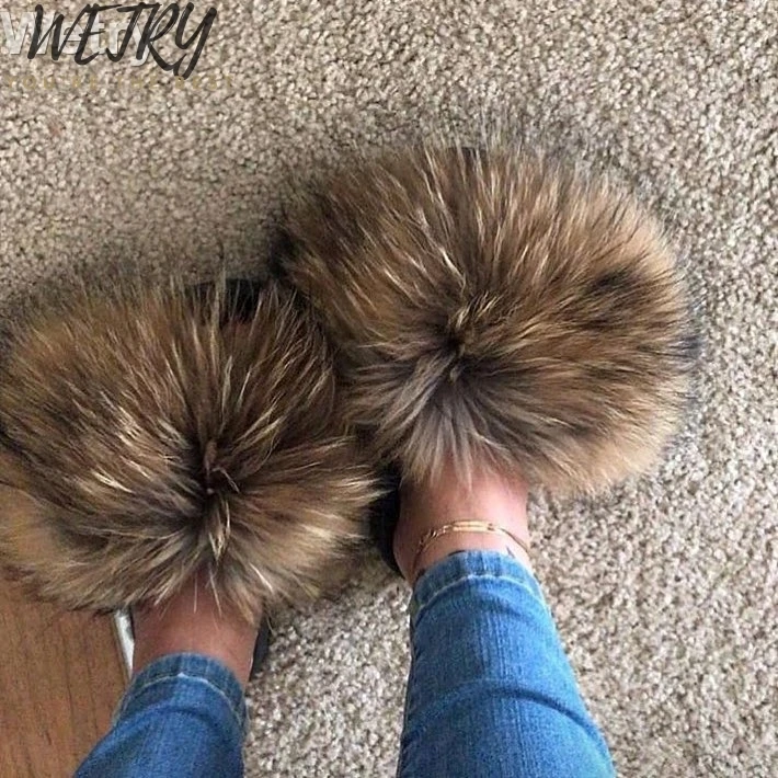 Real Fox Fur Slides Брендовые роскошные меховые тапочки; женские шлепанцы с натуральным лисьим мехом; домашние меховые плоские сандалии женские милые пушистые домашние туфли для женщин - Цвет: Real Fox Fur Slides