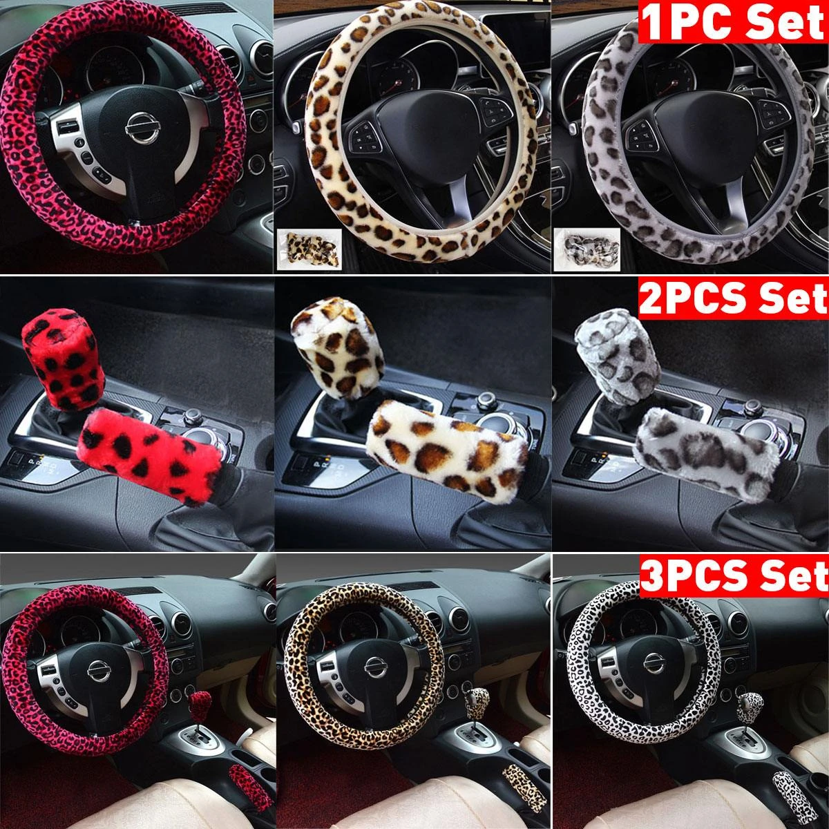 Car Steering Wheel Cover Kit Winter Soft Leopard Plush Accessories 38CM 15" Car Steering Wheel Cover Kit Winter Soft Leopard Plush Accessories 38CM 15"