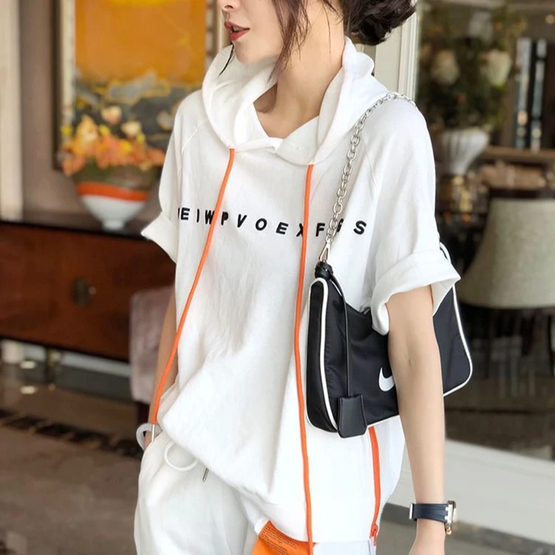 Camiseta holgada de manga corta para mujer, ropa informal con capucha combina con todo, con letras estampadas, 100% algodón, S823