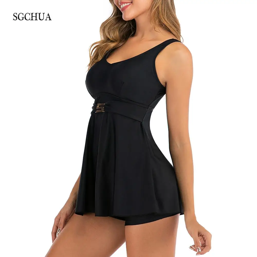 SGCHUA 2020 Новый Однотонный черный 5XL Танкини с золотым поясом размера плюс XXXL