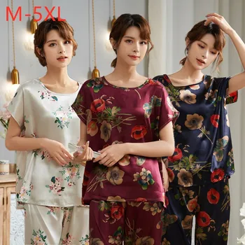 

Middle-aged Womens home clothes plus Large size 5XL Fat Satin Silk Pajamas Sets Female Short Summer Nightgowm pjs women nightie