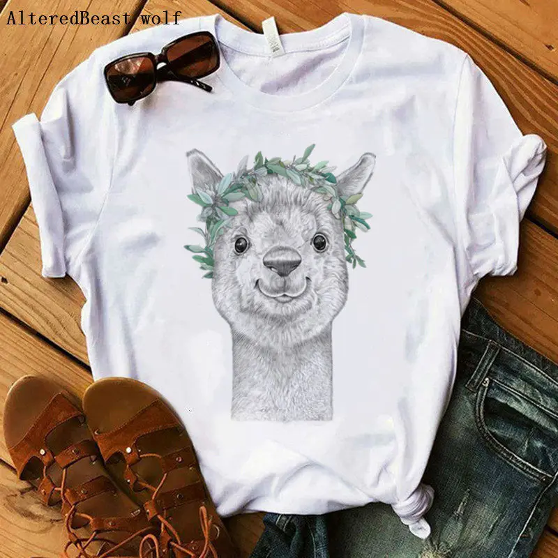 

Llama T-Shirts 2019 Women Llama christmas t shirt femme funny harajuku Tops short sleeve cute Llama tshirt cartoon white clothes