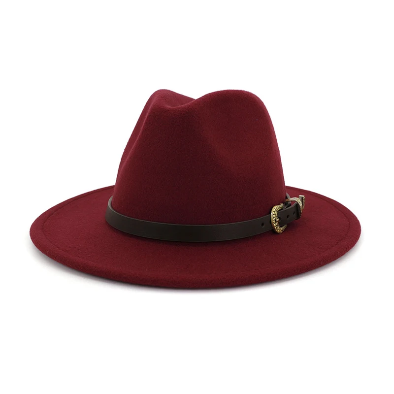 Wine Red fedora FS Новая Зимняя шерстяная джазовая шляпа для женщин и мужчин с поясом, фетровая Кепка в британском стиле, Осенние желтые фиолетовые круглые шапки-котелки, 16 цветов - Цвет: Wine Red fedora