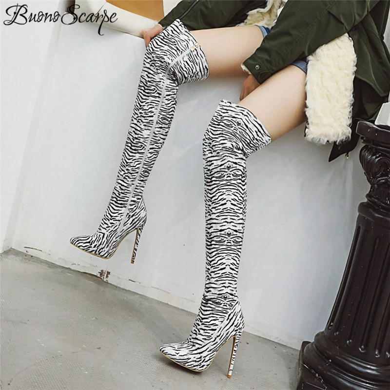 Buono Scarpe/пикантные высокие сапоги на высоком каблуке-шпильке; женские теплые зимние сапоги выше колена с леопардовым принтом; Botas Mujer; Узкие вечерние сапоги до бедра