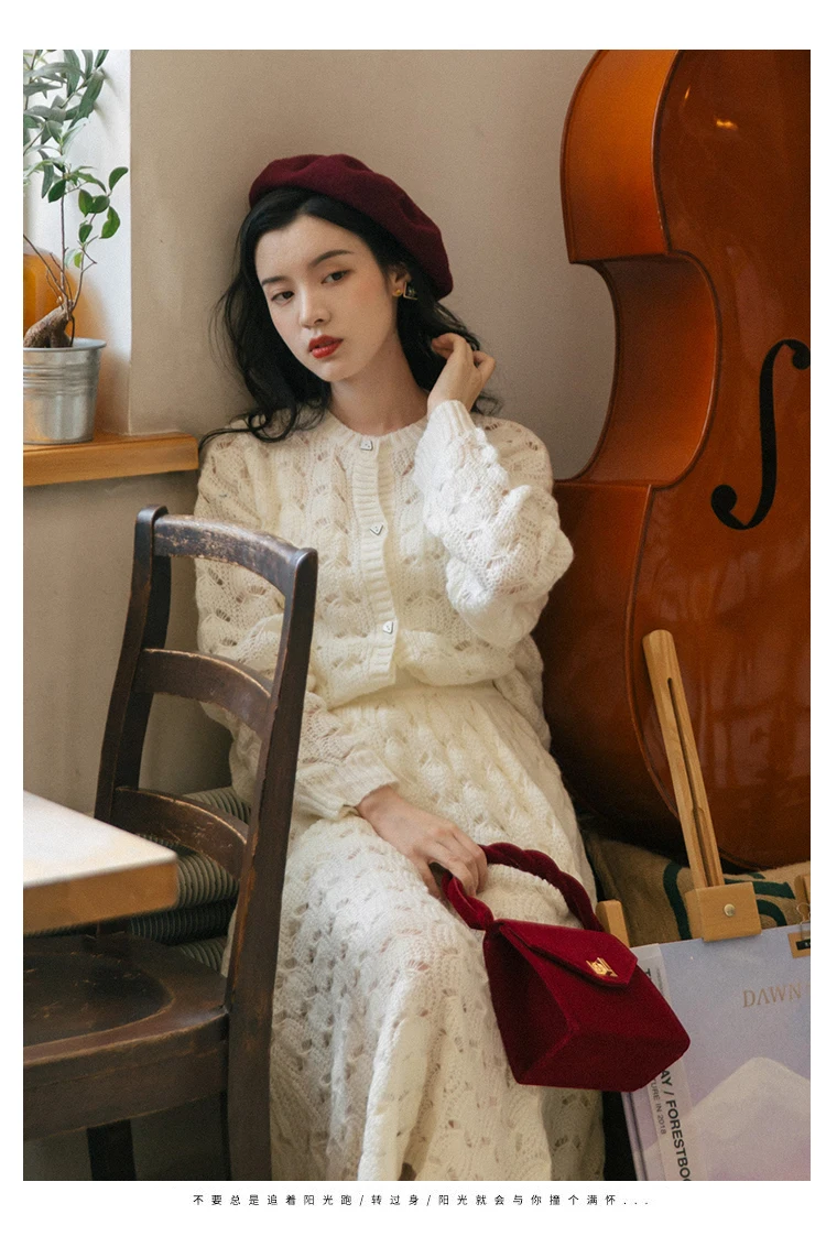 YOSIMI Women Two-piece Outfits Autumn Winter Full Sleeve O-neck Sweater Set Casual Knitting Skirt and Top Set Ivory White