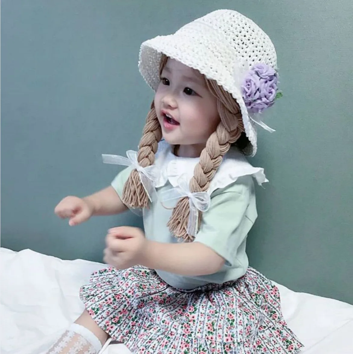 Spring Summer Baby Kids Girl Sun Block Hat Beach Hair Pigtail Braid Wig Cap Children Girls Flower Straw Hat Cap New Arrivals