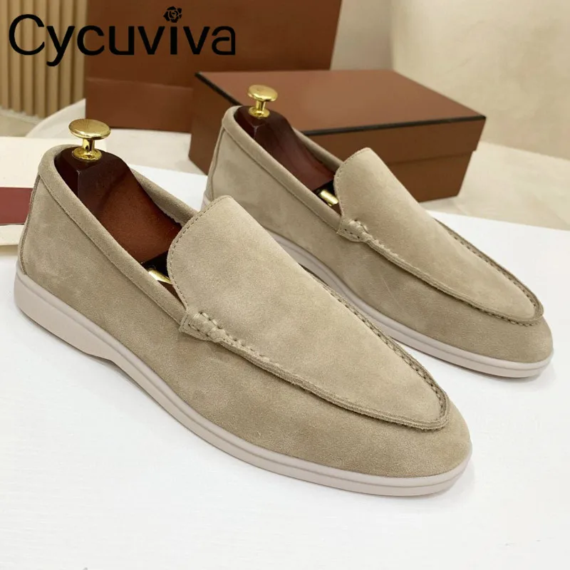 High Quality Kid Suede Men Loafers Shoes Khaki Leather Flat Casual Penny Shoes Men Slip-on Lazy Loafers Summer Walk Shoes Men