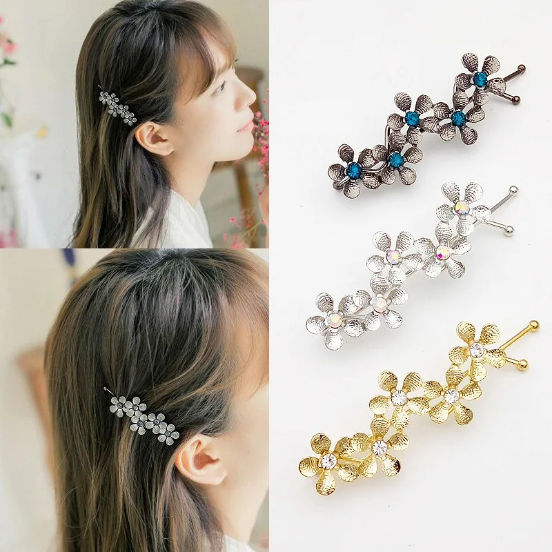 

New Flower Rhinestone Women Hair Accessories Plum Floral Hair Clip Girls Hair Pins Sweet Wedding Headwear Silver Gold Barrette