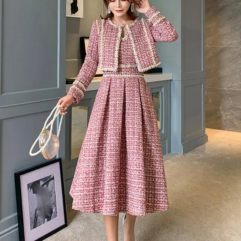 

Women Fall Winter Beading Tweed Sets Tweed Short Jacket Coat And Vest Dress 2 Piece Set Elegant Party Dresses Suits