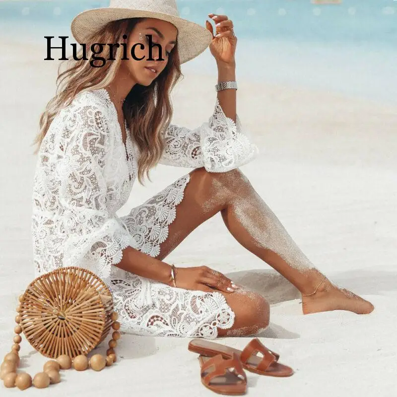 2020 Autumn Lace Crochet Women Bikini Cover Up Swimwear Floral White Black Bathing Suit Tunic Beach Dress