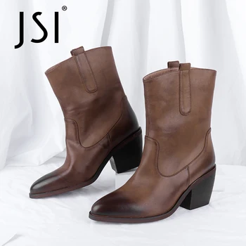 

JSI Mid-calf Boots Winter Woman Brown Genuine Leather Mid-calf Boots Ladies Pointed Toe High Chunky Square Heel Boots JC794