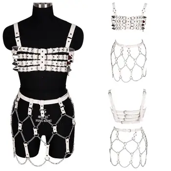 

White Leather Harness Bra Top Metal Ring Breast Steampunk Full Body Cage Waist Chain Hollow Out Dance Club Skirt Lingerie Belt