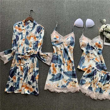 

Women V-neck Pajamas Set 4 PCS Sleep Set Female Satin Sexy Lace Sleeveless Sleepwear Flower Print Pajams Suit With Chest Pads