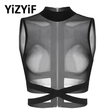 Женские сексуальные сетчатые кроп-топы, бикини, топы без рукавов, круглый вырез, прозрачная сетка, молния сзади, эластичные ремешки, крест-накрест, кроп-топ, рубашки