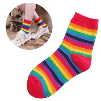 

1 Pair Breathable Rainbow Crew Socks Cotton Colorful Stripe Pattern Stockings For Women Girls Warm Long Socks In Stock