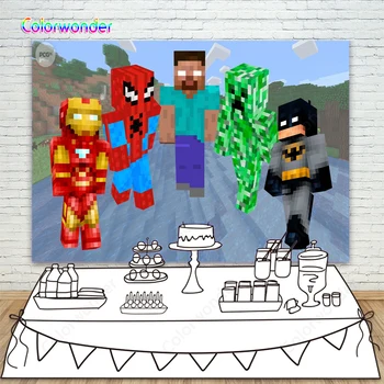 

Photography Backdrops Pixel Super Hero Blocks Game Party Backdrop For Boys Children Kid Happy Birthday Party Decorations Banner