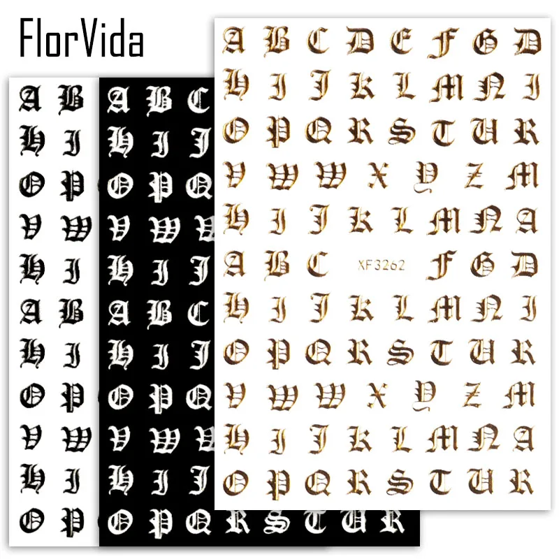 

FlorVida ABC Letter Of The Alphabet Stickers For Nails Decoration 3D Nail Art Sticker English Old Fond Decal Adhesive Manicure
