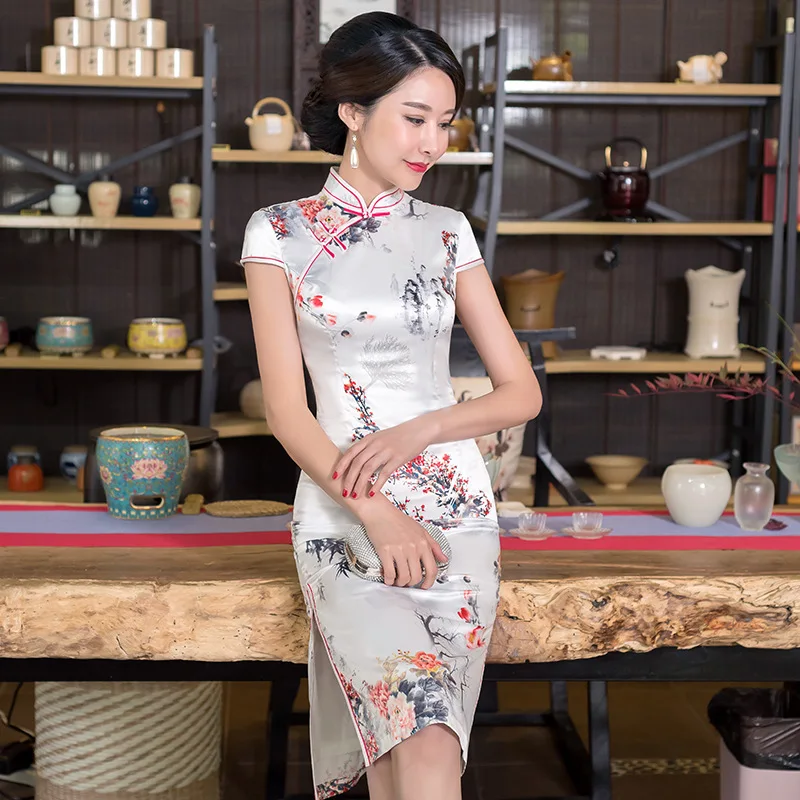 Традиционное китайское платье Vestidos женские атласные Qipao ручной работы Кнопка Ципао Cheongsam цветок размер M-4XL