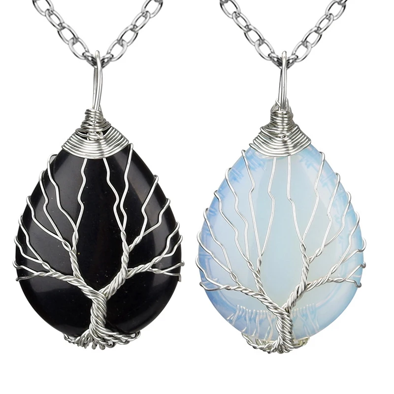 

Water Drop Tree of Life Pendants Necklace Silver Color Wire Wrap Chakra Black Onyx Opal Stone Pendant Women Men Reiki Jewelry