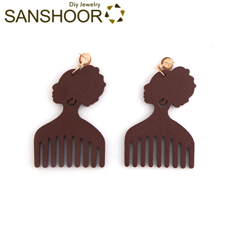 SANSHOOR, рисунок афро, гребень, дерево, висячие серьги, африканское племя, этнические хип-хоп богемные ювелирные изделия для женщин, подарки, 6 пар - Окраска металла: Brown 2