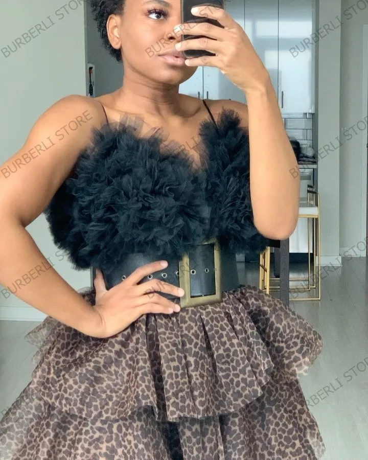 Sexy Black Tulle Ruffle Top Spaghetti Straps Short
