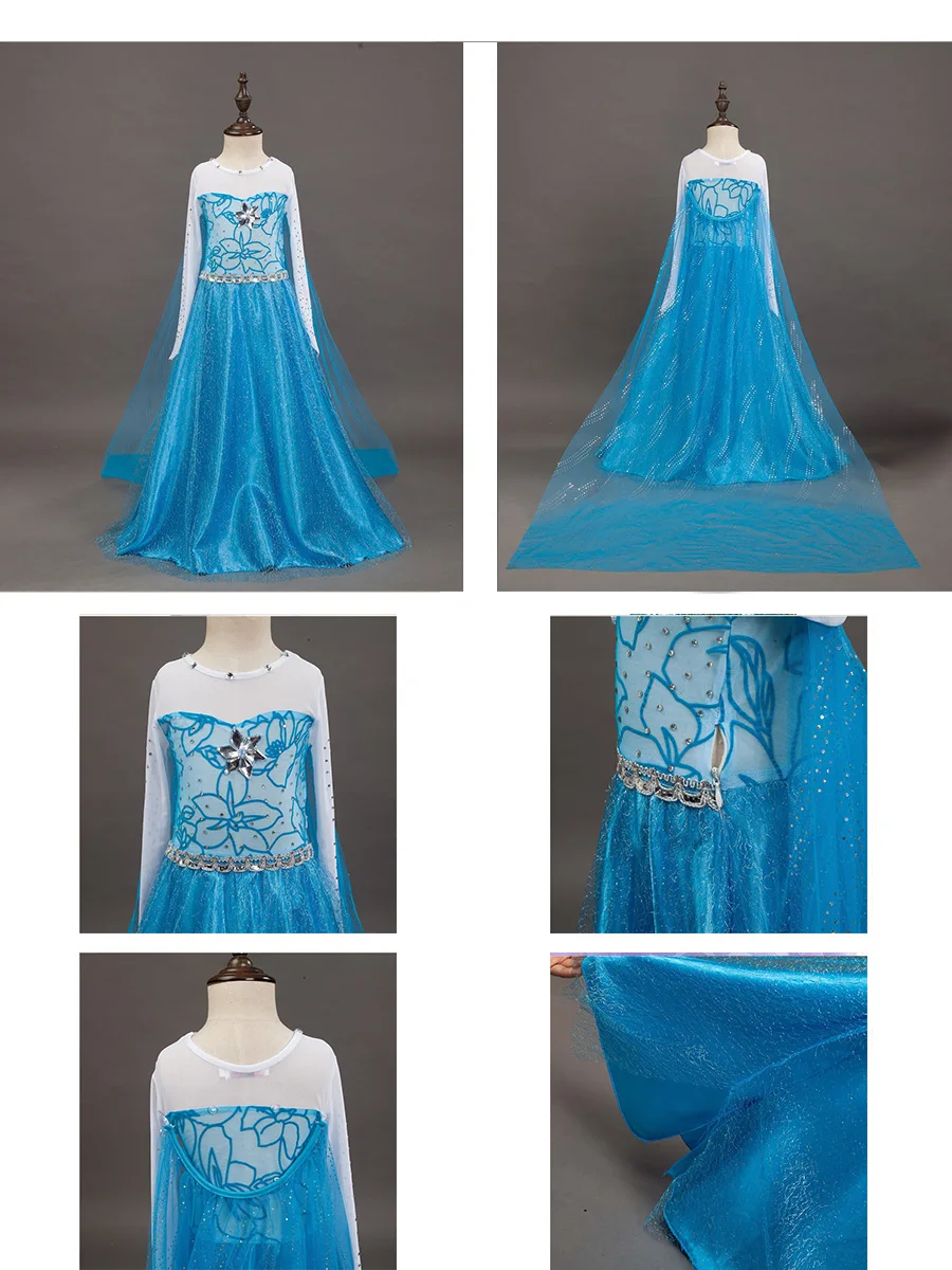 Платье принцессы Эльзы для девочек; Детский карнавальный костюм Снежной Королевы; Детский костюм Эльзы на Рождество и День рождения; парик; корона; волшебная палочка; одежда для костюмированной вечеринки