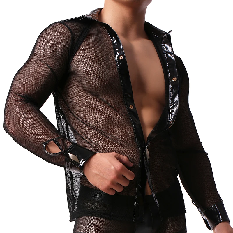 Майка AIIOU Мужская сетчатая Прозрачное нижнее белье с длинным рукавом пикантная