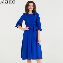 Женское элегантное платье с поясом и рукавами-фонариками; сезон весна-лето; однотонное Повседневное платье с круглым вырезом и коротким рукавом и карманом; винтажные вечерние платья