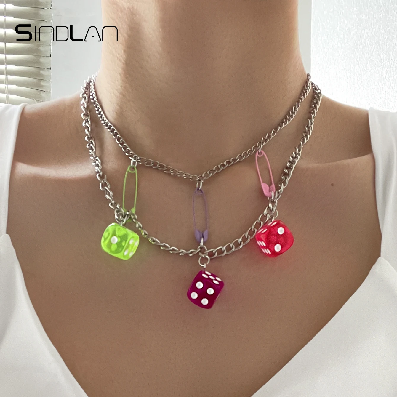 

Sindlan Double Layer Punk Silver Color Chain Dice Pendant Necklace for Women Kpop Goth Grunge Pin Couple EMO Y2k Fashion Jewelry