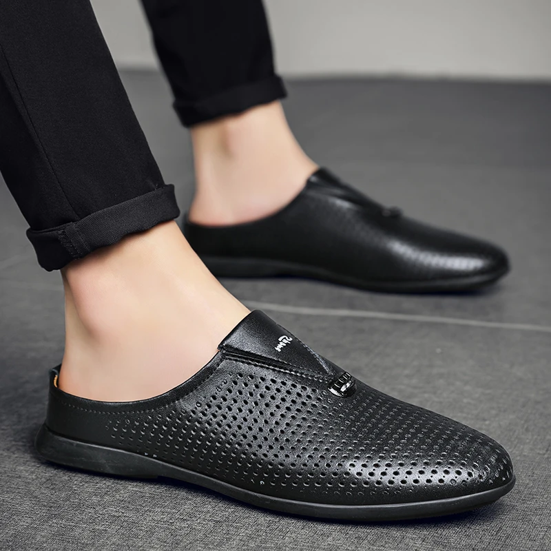 Luxury Designer Italian Men Half Shoes Leather Mens Casual Shoes Drop Ship Coiffeur Mules Man Slides Backless Loafers Slipper 2