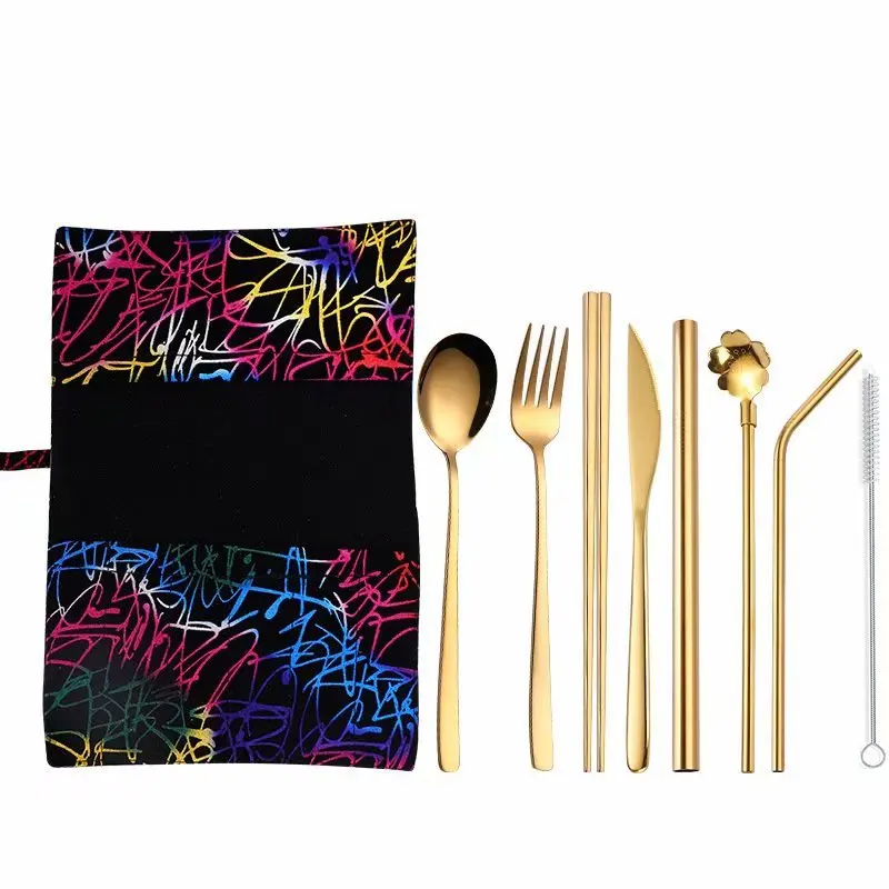

Gold Tableware Set Portable Stainless Steel Cutlery Set Dinning Set Dinnerware Reusable Straw for Picnic Kitchen Accessories
