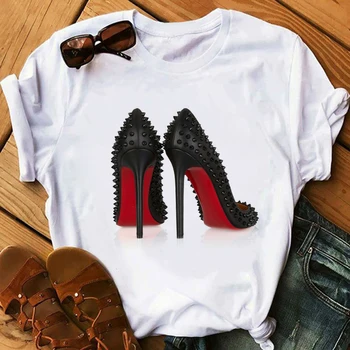 

Newest Watercolor High Heels Shoes Print Vogue T Shirt Femme Funny T Shirt Women 90s Hip Hop Punk Shirt Hipster Streetwear