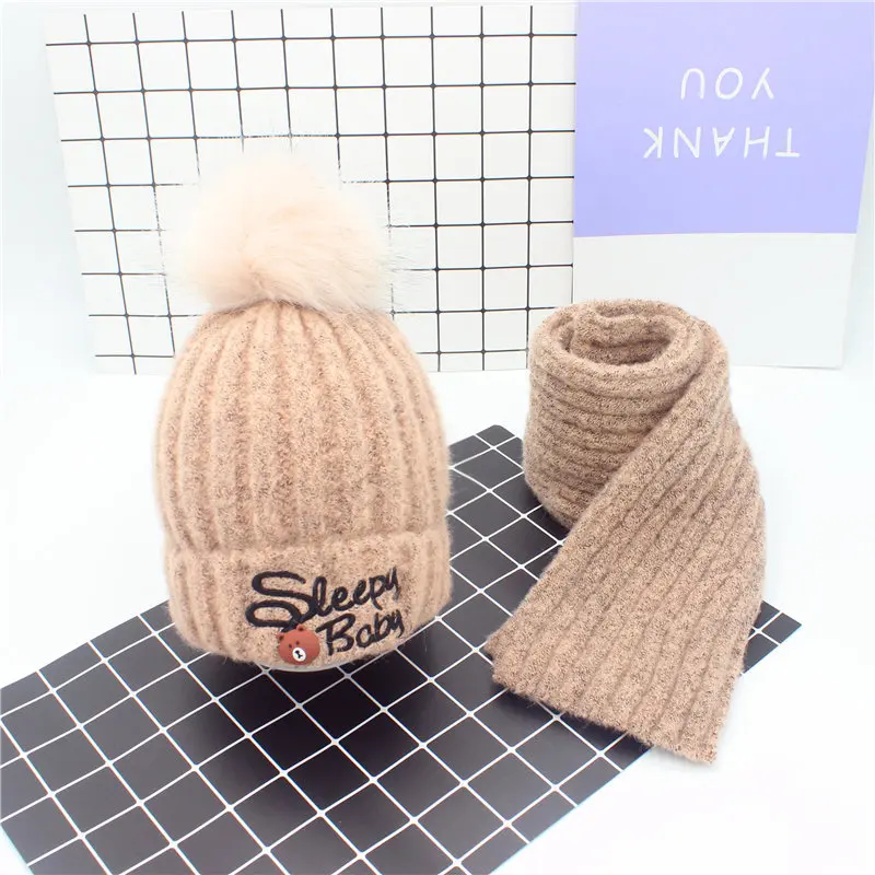 Khaki G04-1 Calymel, милый шарф для девочки, комплект шапочки, мягкая шерсть, шар, сохраняет тепло, акриловая шапка, шапка, шейный платок, Повседневная вязаная шапка для детей - Цвет: Khaki G04-1