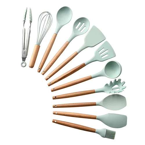 light green 11pcs Новейший набор силиконовых кухонных принадлежностей с деревянной ручкой, антипригарная лопатка черпак, кухонные инструменты FDA с ящиком для хранения - Цвет: light green 11pcs