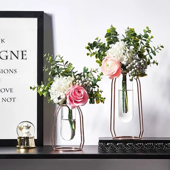 

Nordic Golden Glass Vase Iron Hydroponic Plant Flower Vase Tabletop Coffee Shop Office Home Decoration Accessories Modern