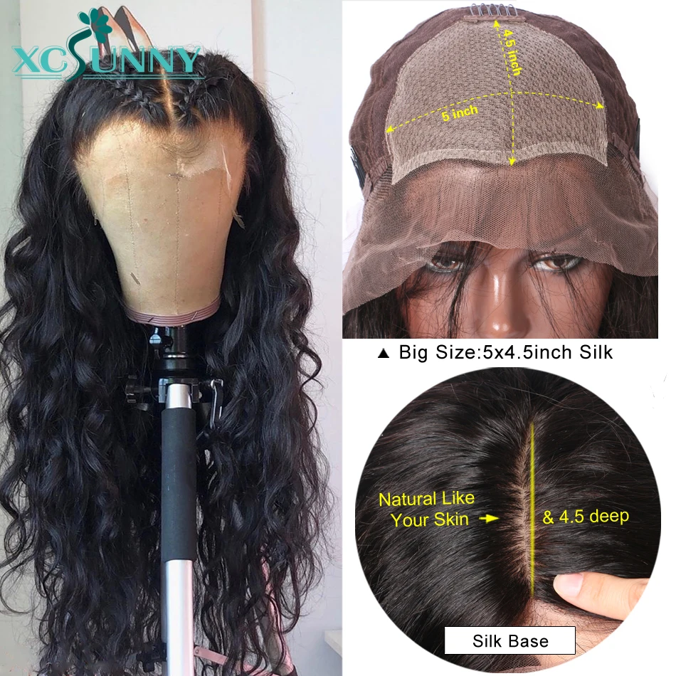 

5x4.5 Silk Base Human Hair Lace Front Wig Peruvian Remy Hair Loose Wave Wigs Middle Ration Natural Black For Women Xcsunny