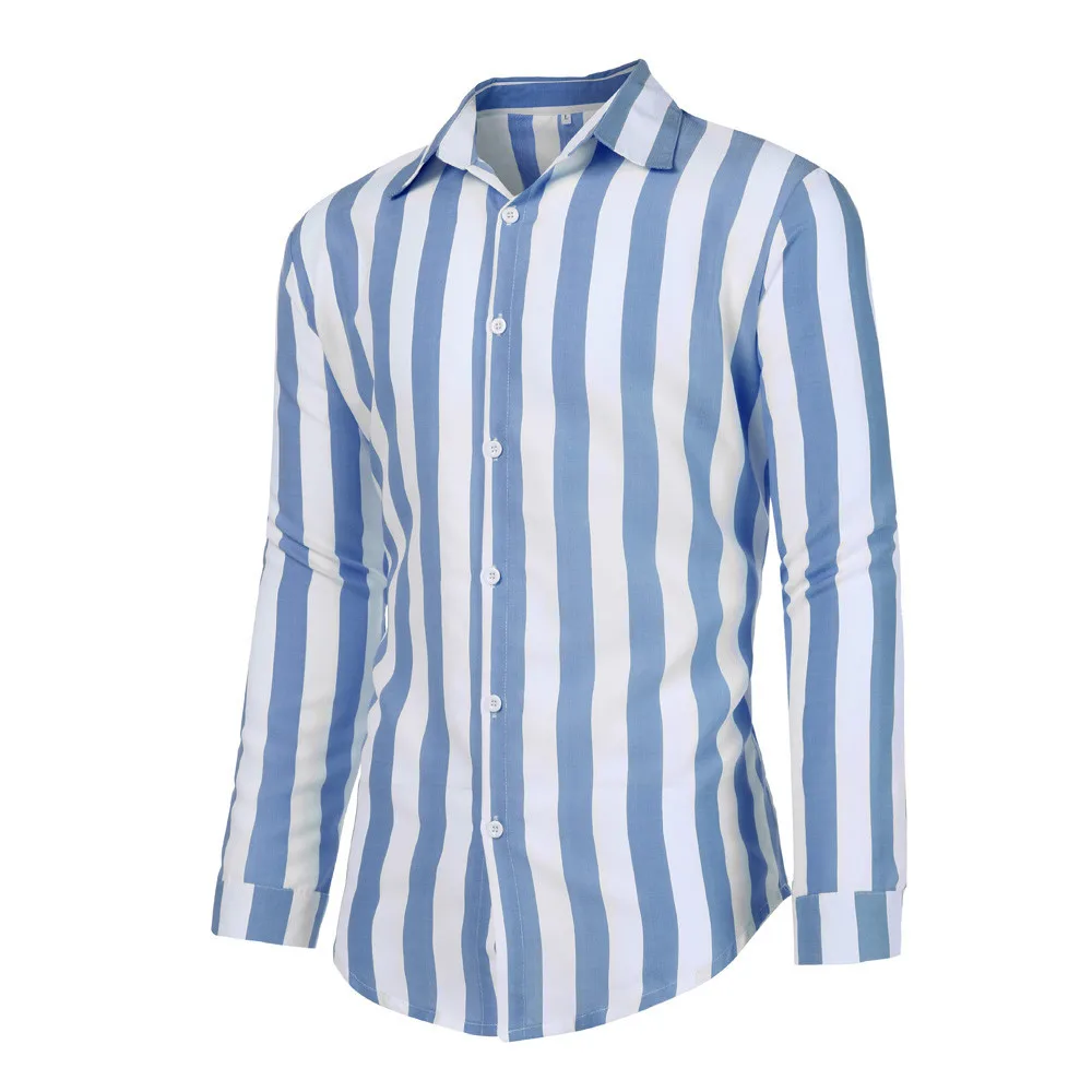 Мужская хлопковая льняная летняя Однотонная рубашка с длинным рукавом, Повседневная Свободная Удобная полосатая рубашка с отложным воротником, мужская одежда - Цвет: blue