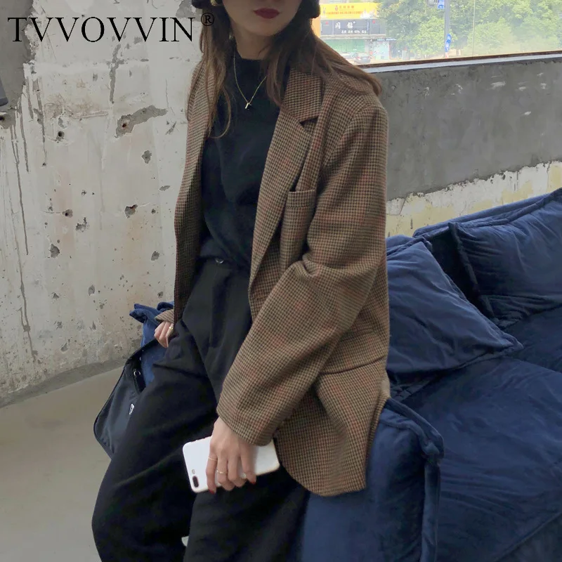 TVVOVVIN,, осенний, для досуга, легкий, маленький костюм, Свободное пальто, для женщин, Plover, решетка, однобортный костюм L250