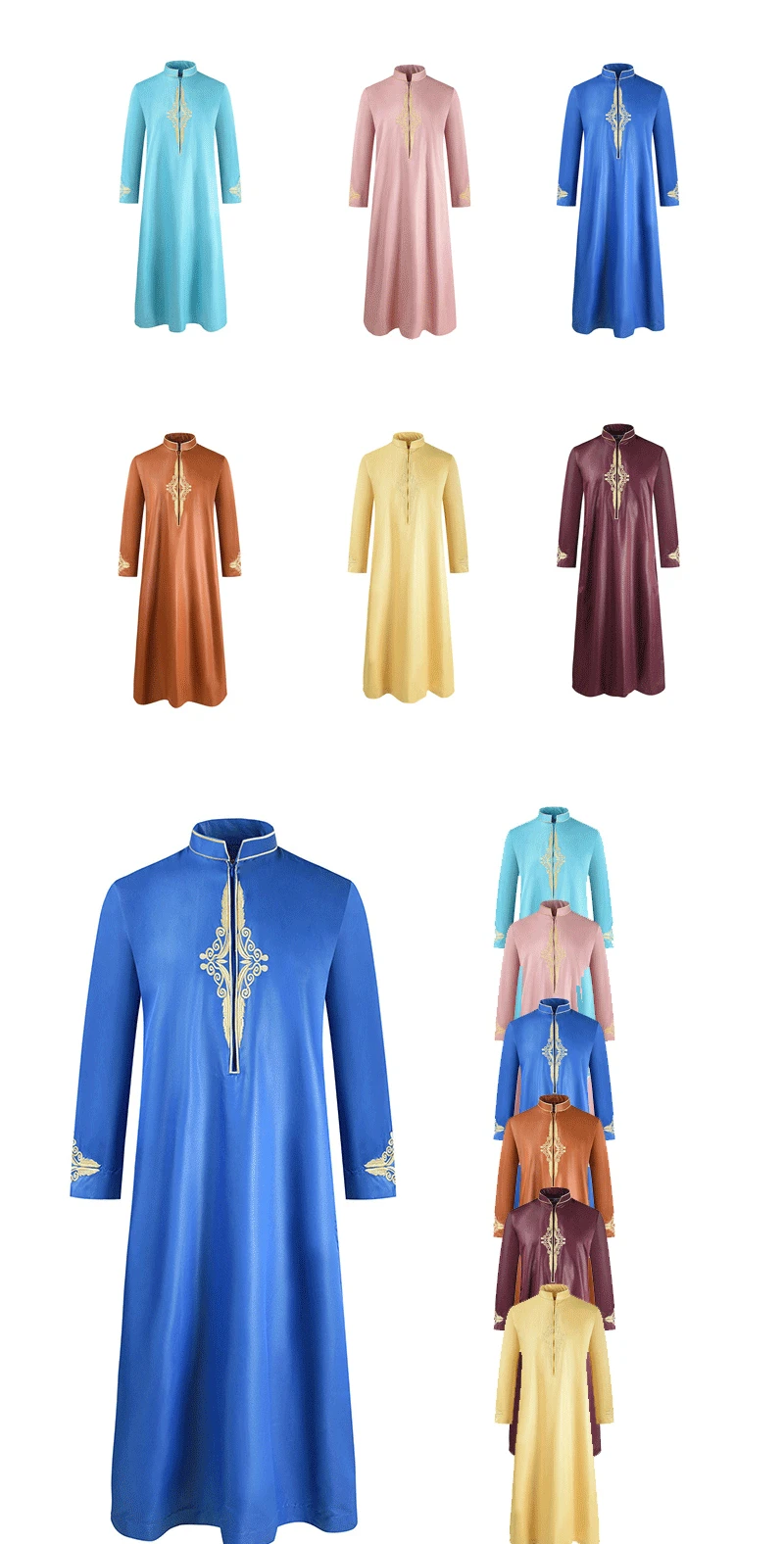 Ramadan Muslim Embroidery Dubai Abaya Vintage Men Long Robe Solid Color Turkey Indian Fashion Stand-Up Collar Islamic Clothing