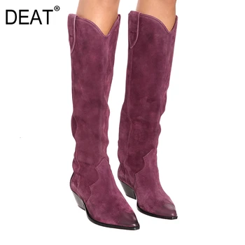 

[DEAT] 2019 Pointed Toe Matte Leather Velvet Shoes Women Thick Heels Long Tube Boots New Autumn Winter Fashion Tide 10F101